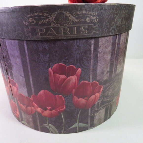 Dark Black Paris Red Tulips round hat box with Rust colored Ribbon Bow - Picture 1 of 15